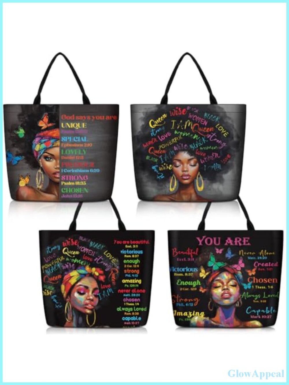 4 Pack African American Canvas Tote Bags Gifts for Women